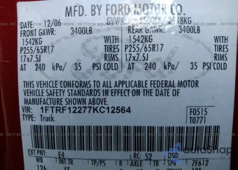 2007 Ford F-150 Xlt/Stx/Xl z USA, uszkodzony, nr VIN 1FTRF12277KC12564